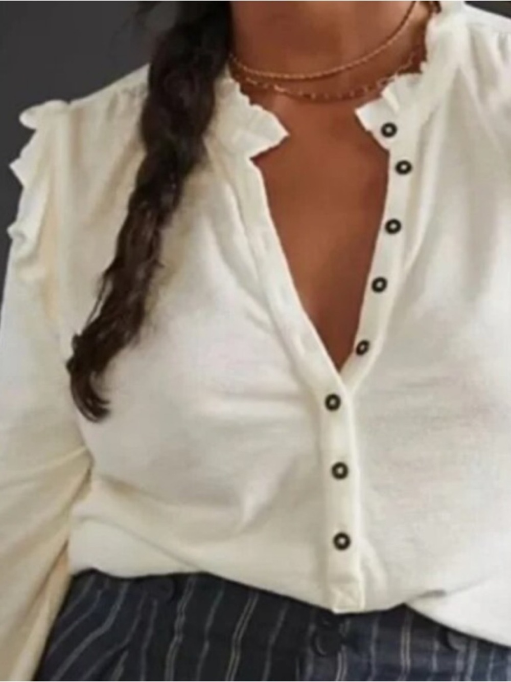 Anthropologie Pilcro Women's Small Ruffled Henley Top Ivory Long Sleeve Buttons